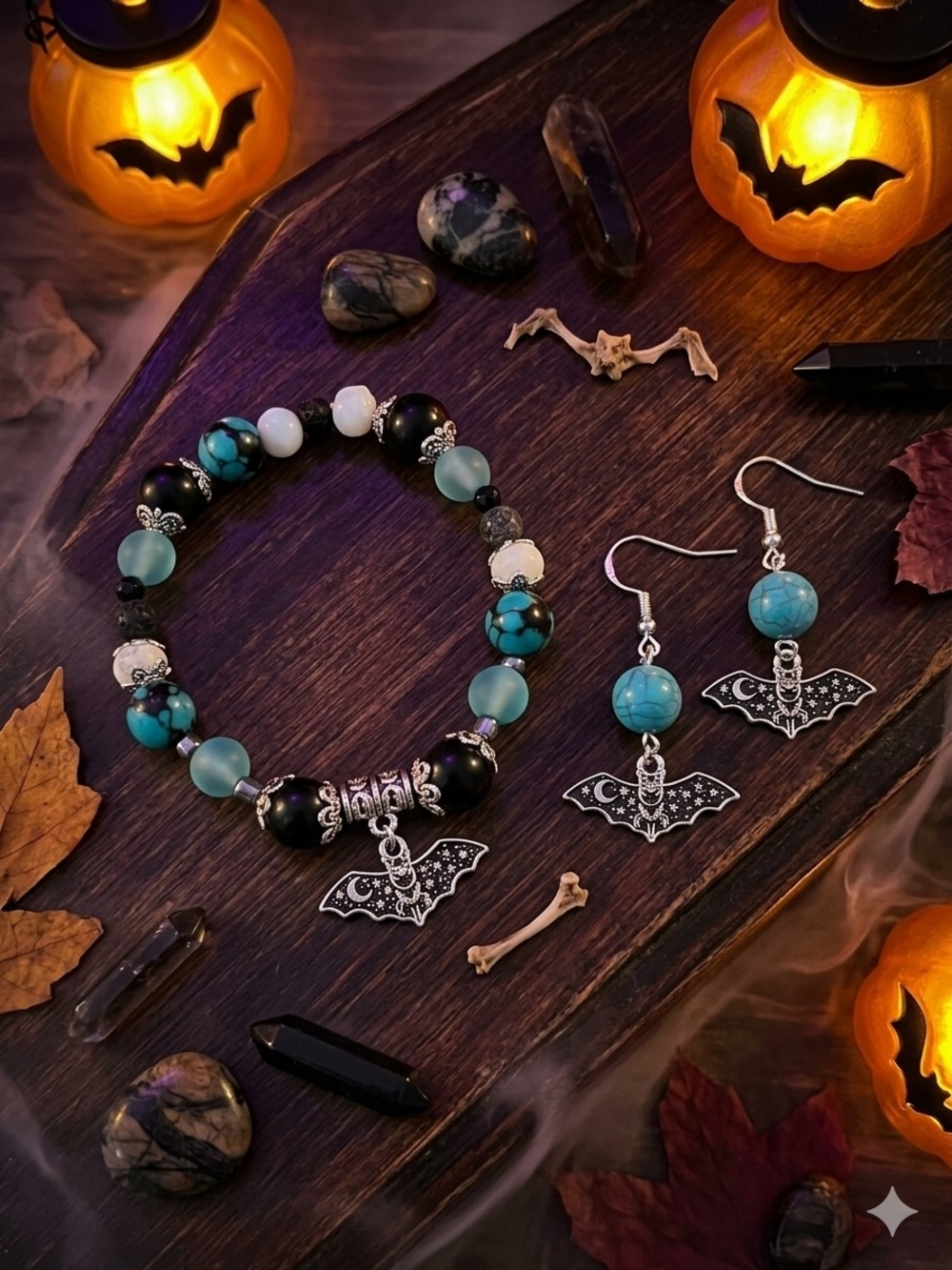 Turquoise & Black Bat Charm Bracelet and Earrings Set